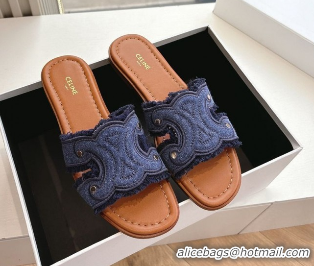 Best Grade Celine Marina Fringed Flat Slides Sandal in Blue Denim 0428120