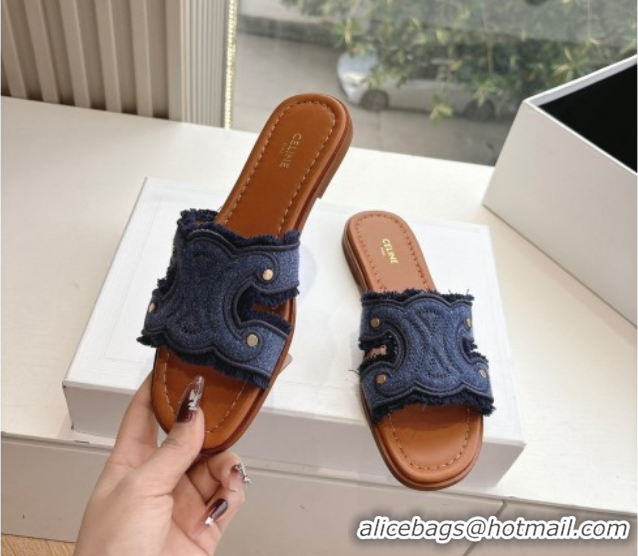 Best Grade Celine Marina Fringed Flat Slides Sandal in Blue Denim 0428120