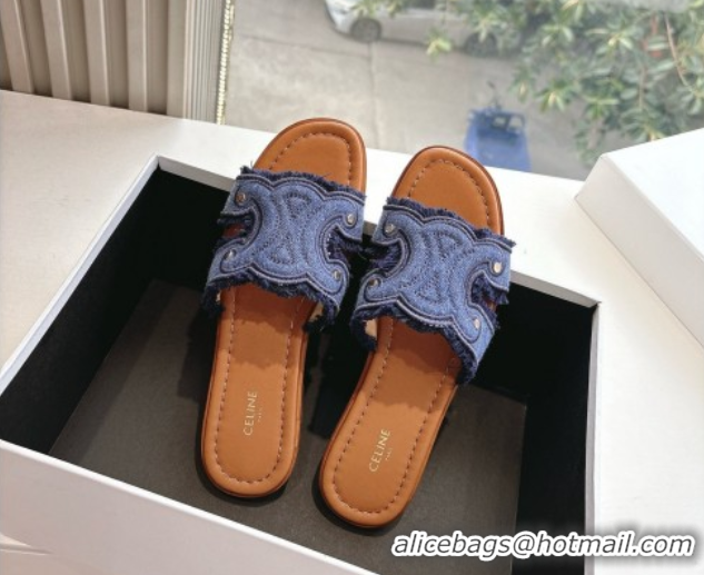 Best Grade Celine Marina Fringed Flat Slides Sandal in Blue Denim 0428120