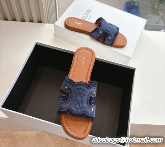 Best Grade Celine Marina Fringed Flat Slides Sandal in Blue Denim 0428120
