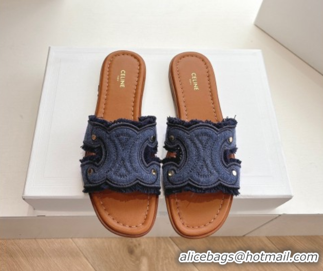 Best Grade Celine Marina Fringed Flat Slides Sandal in Blue Denim 0428120