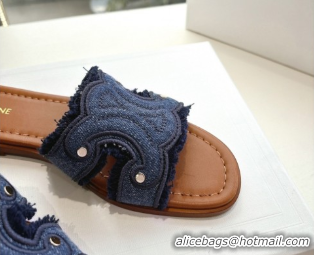 Best Grade Celine Marina Fringed Flat Slides Sandal in Blue Denim 0428120