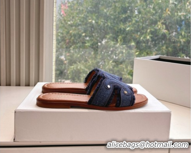 Best Grade Celine Marina Fringed Flat Slides Sandal in Blue Denim 0428120