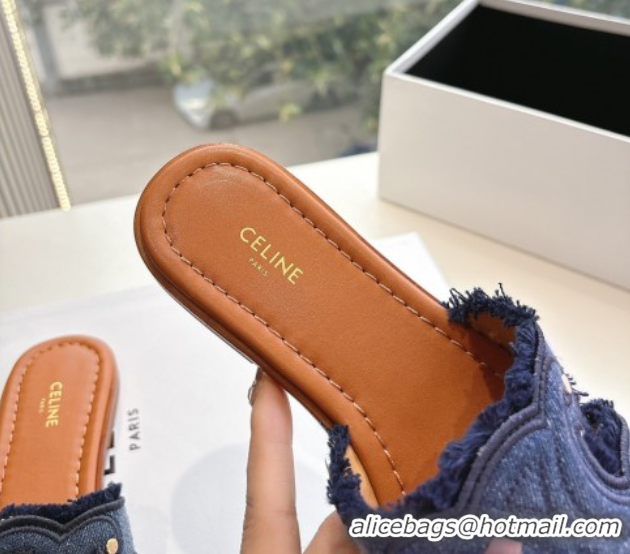 Best Grade Celine Marina Fringed Flat Slides Sandal in Blue Denim 0428120