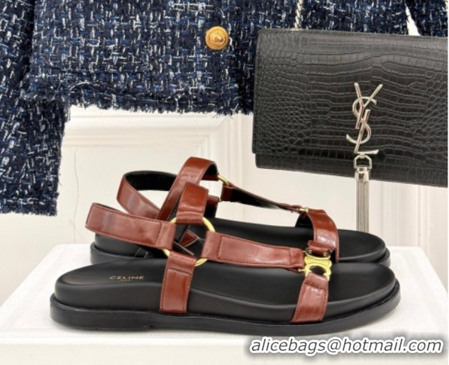 Luxurious Celine Maud Flat Sandals in Calfskin Leather Dark Brown 0428122