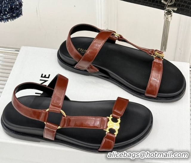 Luxurious Celine Maud Flat Sandals in Calfskin Leather Dark Brown 0428122