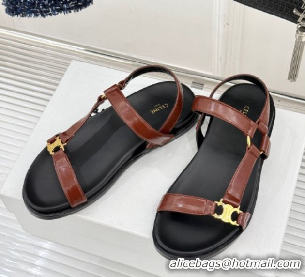 Luxurious Celine Maud Flat Sandals in Calfskin Leather Dark Brown 0428122