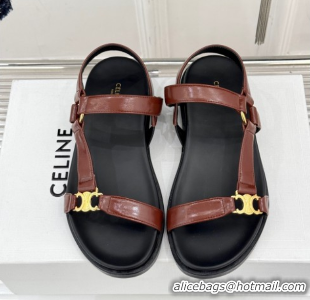 Luxurious Celine Maud Flat Sandals in Calfskin Leather Dark Brown 0428122