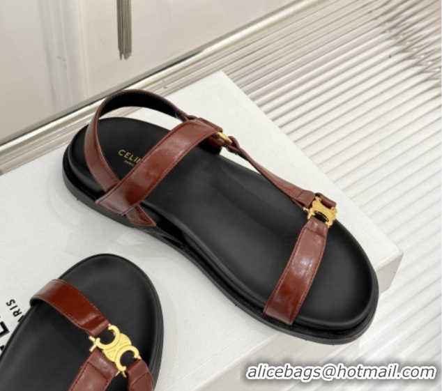 Luxurious Celine Maud Flat Sandals in Calfskin Leather Dark Brown 0428122