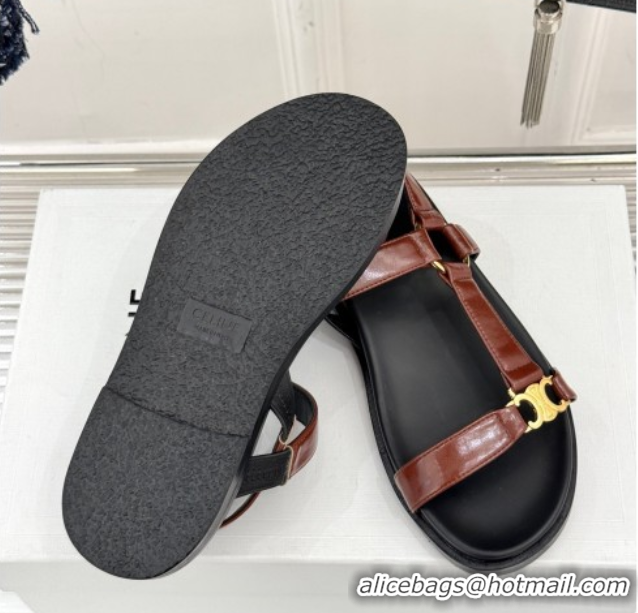 Luxurious Celine Maud Flat Sandals in Calfskin Leather Dark Brown 0428122