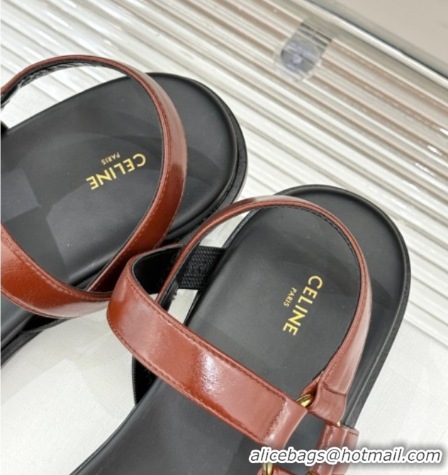 Luxurious Celine Maud Flat Sandals in Calfskin Leather Dark Brown 0428122