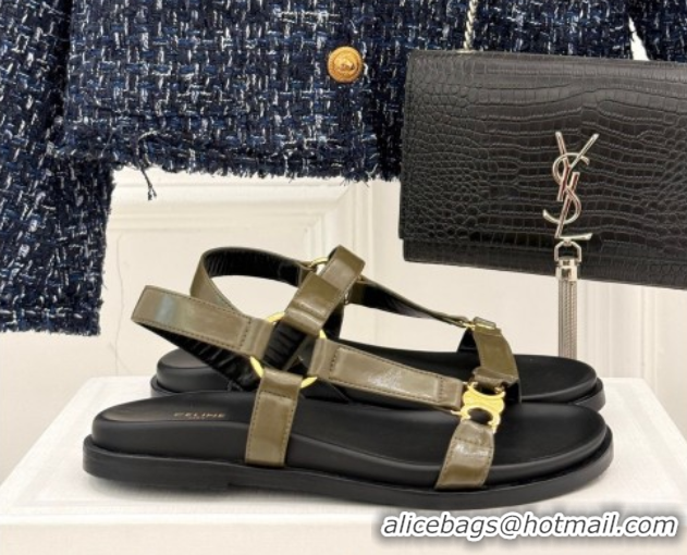 Low Price Celine Maud Flat Sandals in Calfskin Leather Green 0428123