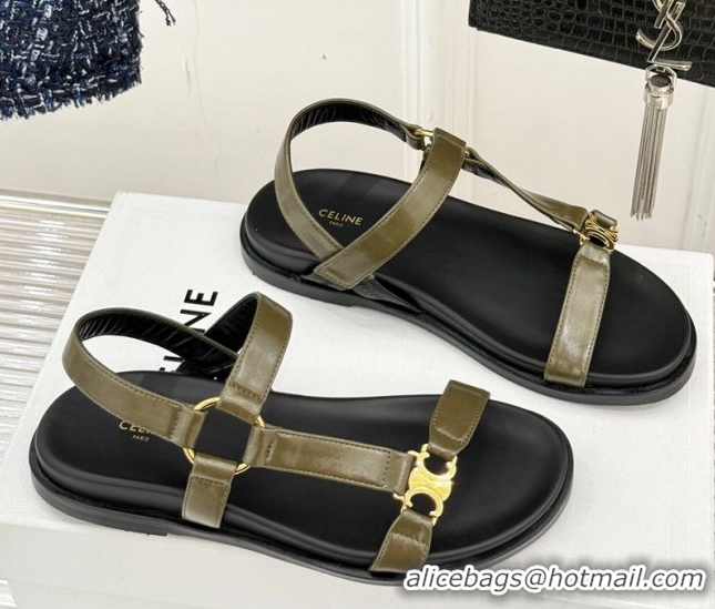 Low Price Celine Maud Flat Sandals in Calfskin Leather Green 0428123