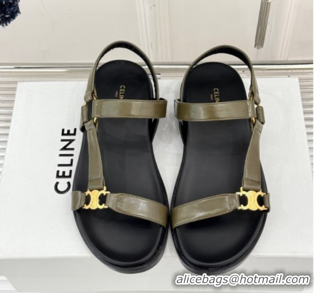 Low Price Celine Maud Flat Sandals in Calfskin Leather Green 0428123