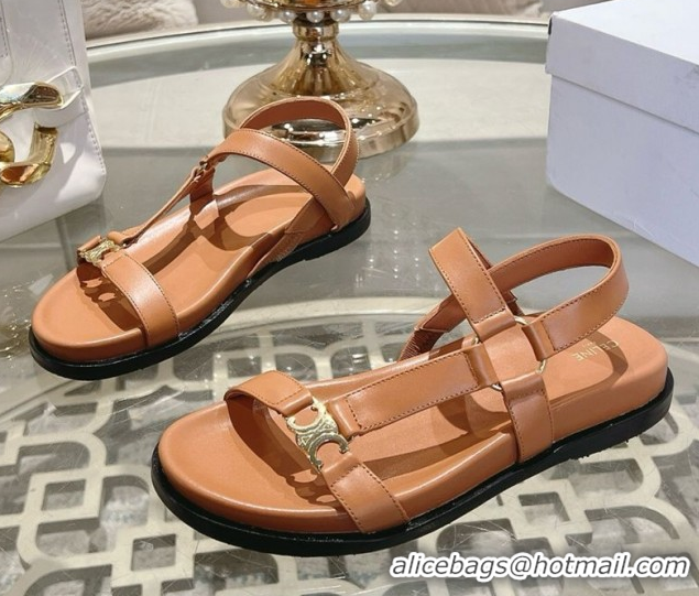 Buy Discount Celine Maud Flat Sandals in Calfskin Leather Light Brown 0428125
