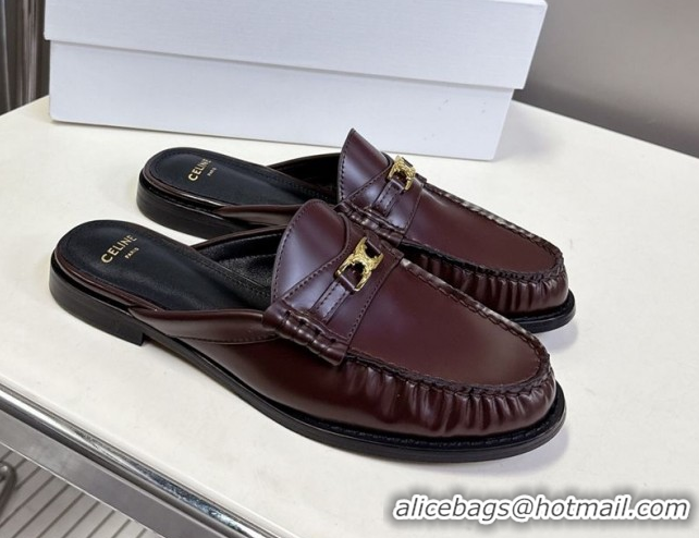 Classic Hot Celine Luco Flat Loafers Mules in Polished Leather Dark Brown 0428128