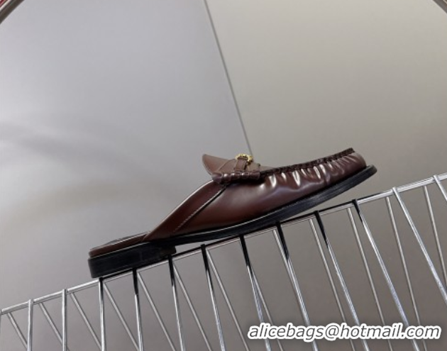 Classic Hot Celine Luco Flat Loafers Mules in Polished Leather Dark Brown 0428128