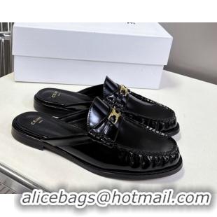 Good Looking Celine Luco Flat Loafers Mules in Patent Leather Black 0428129
