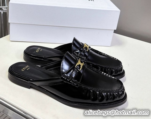 Good Looking Celine Luco Flat Loafers Mules in Patent Leather Black 0428129
