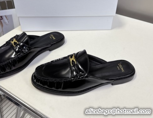 Good Looking Celine Luco Flat Loafers Mules in Patent Leather Black 0428129