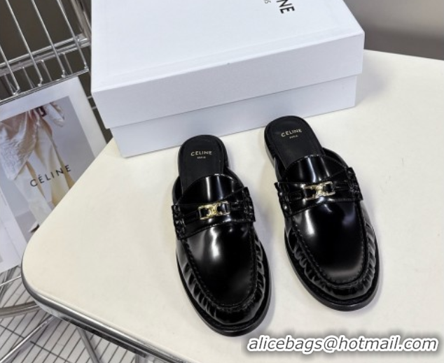 Good Looking Celine Luco Flat Loafers Mules in Patent Leather Black 0428129