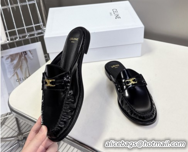 Good Looking Celine Luco Flat Loafers Mules in Patent Leather Black 0428129