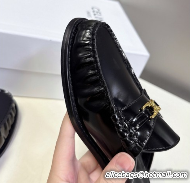 Good Looking Celine Luco Flat Loafers Mules in Patent Leather Black 0428129