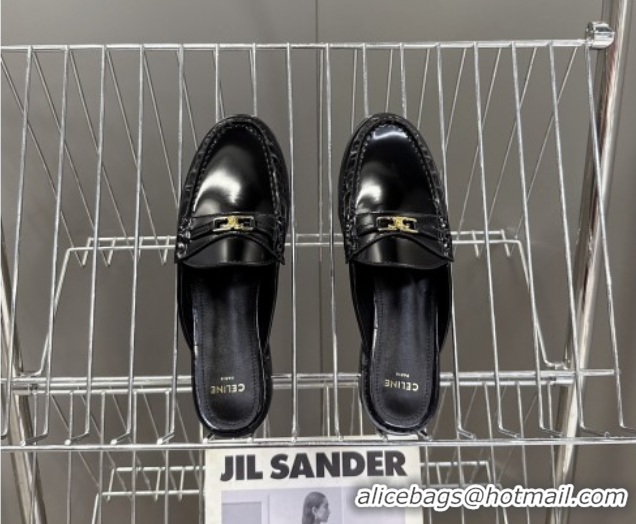Good Looking Celine Luco Flat Loafers Mules in Patent Leather Black 0428129