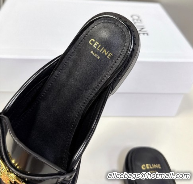 Good Looking Celine Luco Flat Loafers Mules in Patent Leather Black 0428129