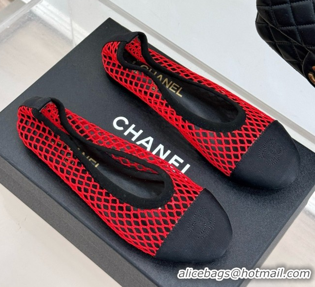 Best Product Chanel Mesh & Lambskin Ballet Flats Red 050912