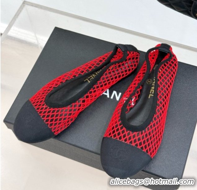Best Product Chanel Mesh & Lambskin Ballet Flats Red 050912