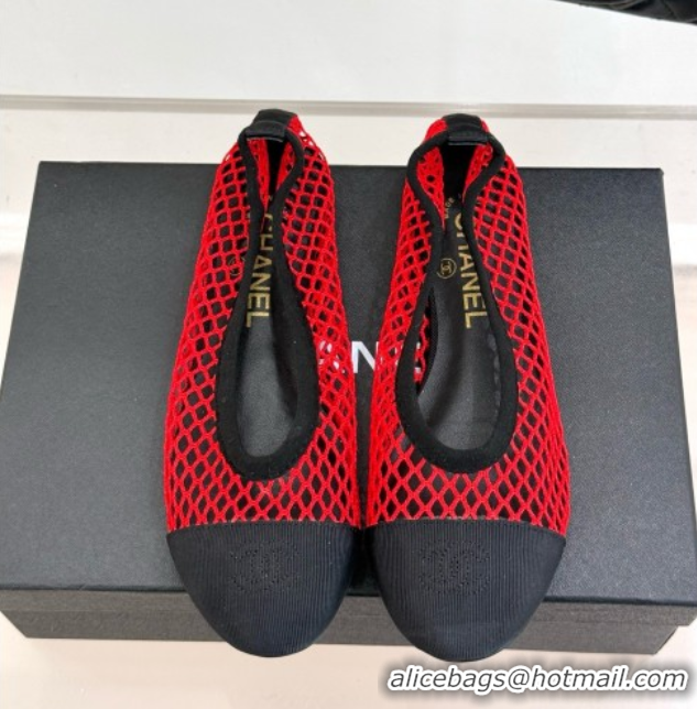 Best Product Chanel Mesh & Lambskin Ballet Flats Red 050912