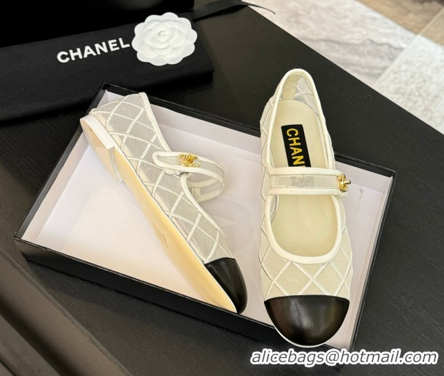 Most Popular Chanel Mesh & Lambskin Mary Janes Ballet Flats White 051540