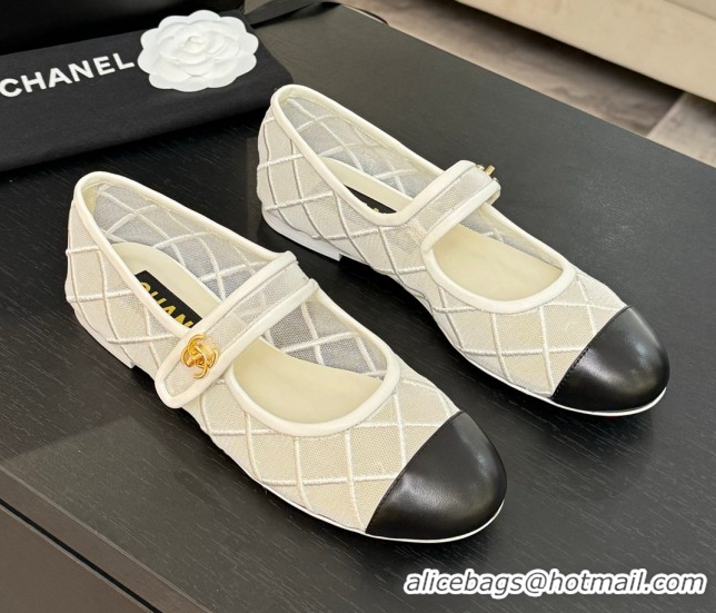 Most Popular Chanel Mesh & Lambskin Mary Janes Ballet Flats White 051540