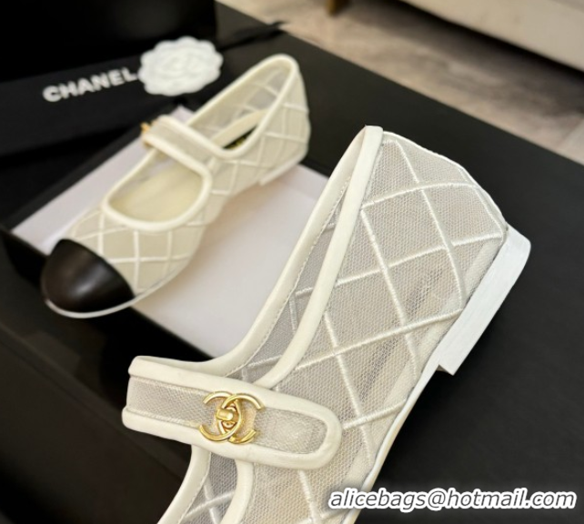Most Popular Chanel Mesh & Lambskin Mary Janes Ballet Flats White 051540