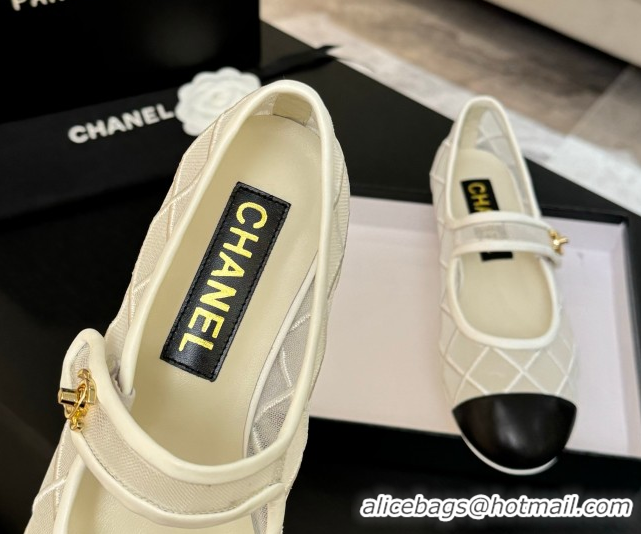 Most Popular Chanel Mesh & Lambskin Mary Janes Ballet Flats White 051540
