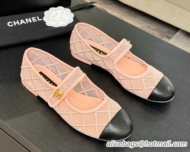 Durable Chanel Mesh & Lambskin Mary Janes Ballet Flats Pink 051541