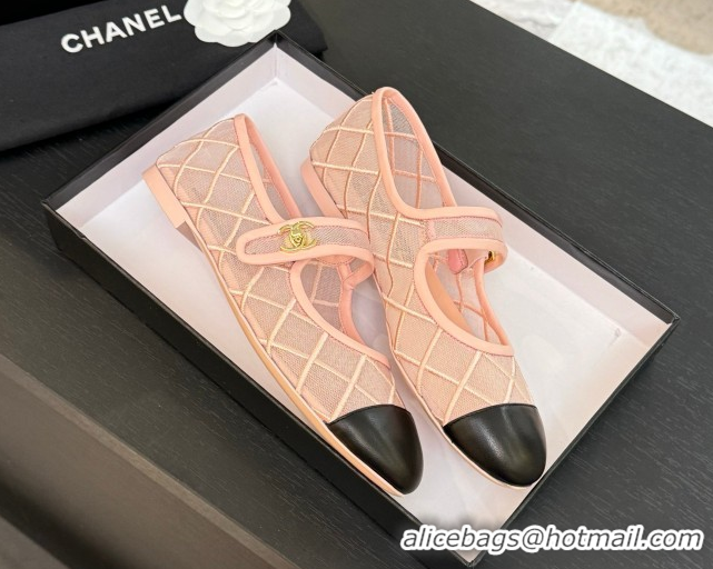 Durable Chanel Mesh & Lambskin Mary Janes Ballet Flats Pink 051541