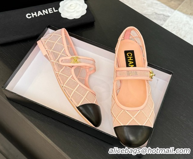 Durable Chanel Mesh & Lambskin Mary Janes Ballet Flats Pink 051541