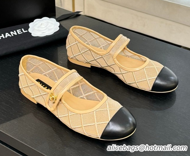 Top Design Chanel Mesh & Lambskin Mary Janes Ballet Flats Beige 051542