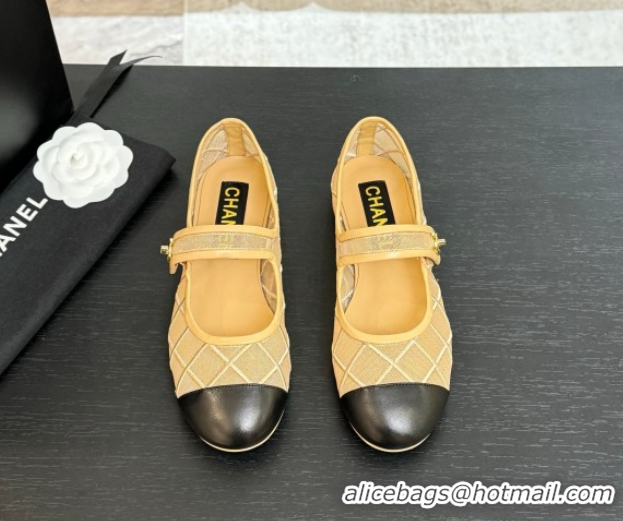 Top Design Chanel Mesh & Lambskin Mary Janes Ballet Flats Beige 051542