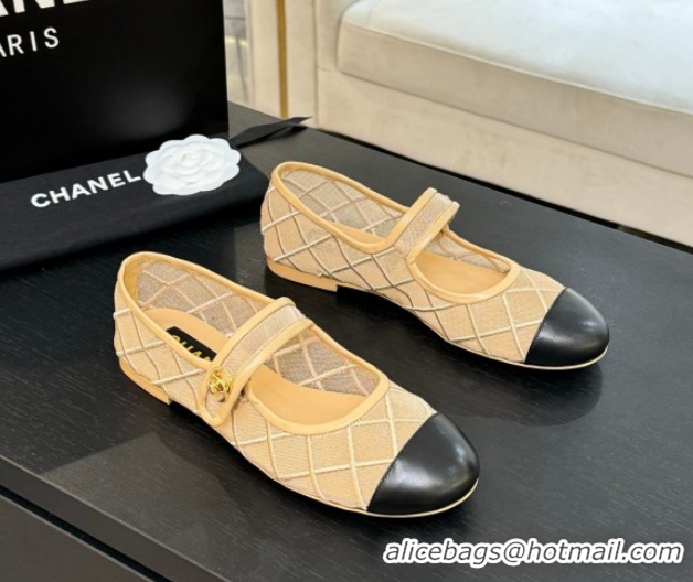 Top Design Chanel Mesh & Lambskin Mary Janes Ballet Flats Beige 051542