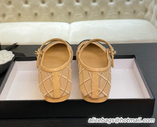 Top Design Chanel Mesh & Lambskin Mary Janes Ballet Flats Beige 051542