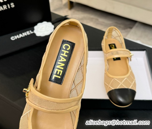 Top Design Chanel Mesh & Lambskin Mary Janes Ballet Flats Beige 051542