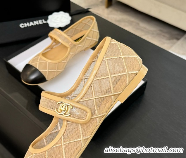 Top Design Chanel Mesh & Lambskin Mary Janes Ballet Flats Beige 051542