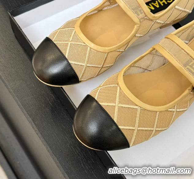 Top Design Chanel Mesh & Lambskin Mary Janes Ballet Flats Beige 051542