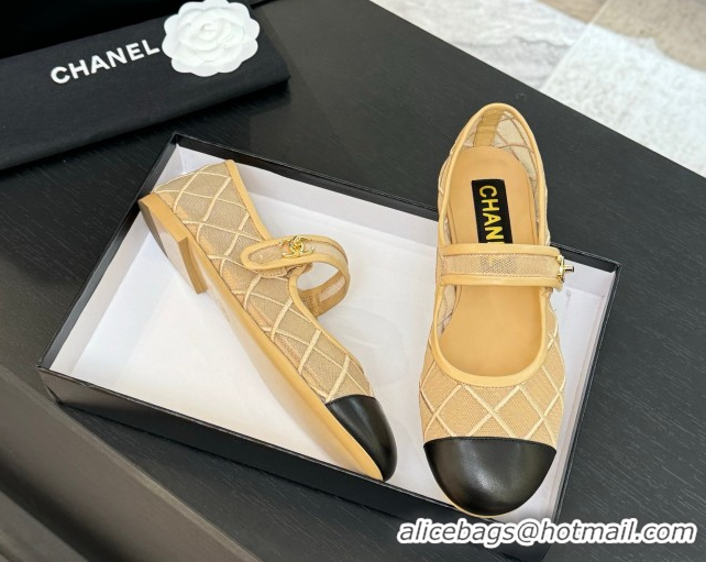 Top Design Chanel Mesh & Lambskin Mary Janes Ballet Flats Beige 051542