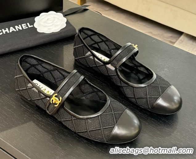 Shop Duplicate Chanel Mesh & Lambskin Mary Janes Ballet Flats Black 051543