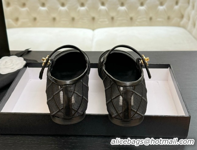 Shop Duplicate Chanel Mesh & Lambskin Mary Janes Ballet Flats Black 051543