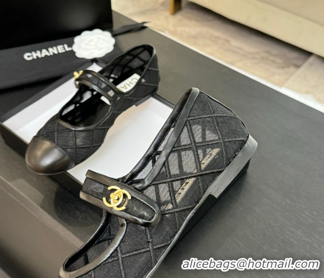 Shop Duplicate Chanel Mesh & Lambskin Mary Janes Ballet Flats Black 051543